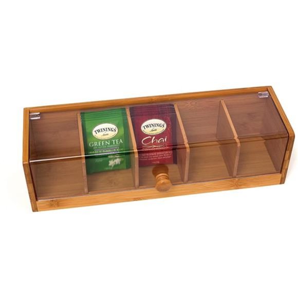 Bamboo Wood and Acrylic Tea Box with 5 Sections, 14" x 5" x 3-3/4" - Picture 2 of 5